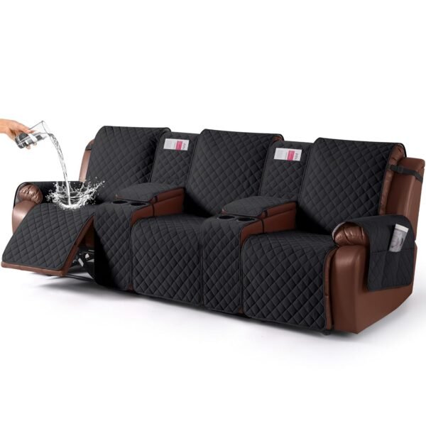 KinCam 100% Waterproof Recliner Sofa Cover with Console, Non-Slip Reclining Couch Covers for 3 Seat, Recliner Couch Cover Furniture Protector with Elastic Straps for Pets, Kids, Black