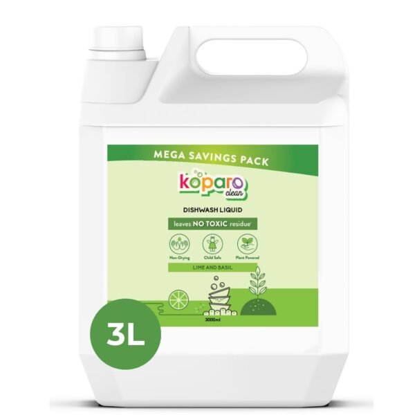 Koparo Organic Dishwash Liquid (3 Litres) | Dish Washing Liquid | Dish Wash Liquid Refill | Lime And Basil Fragrance | Plant Based | Removes Tough Grease, Soft on Hands | Baby & Pet Safe