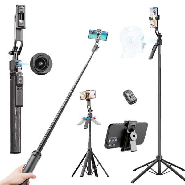 Kratos K8 AI-Powered 70 inch/178 CM Selfie Stick Tripod with Sensor, Auto Face Tracking Tripod with 360° Auto Rotating Stand for Mobile, Camera, Shooting, Blogging with Quad-Leg Stability