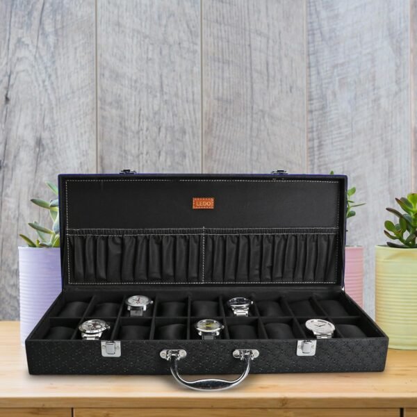 LEDO Men's and Women's Watch Box Holder Case In 18 Slots of Watches In Black PU Leather & Black Velvet