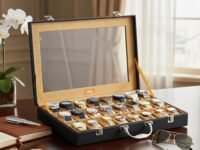 LEDO Men's and Women's Watch Box Holder Organizer Case In 24 Slots of Watches In PU Leather with Black & Cream