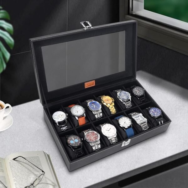 LEDO Watch Box Organizer Display Case Holder in 12 slots of Watches with Transparent Look Black Velvet Interior