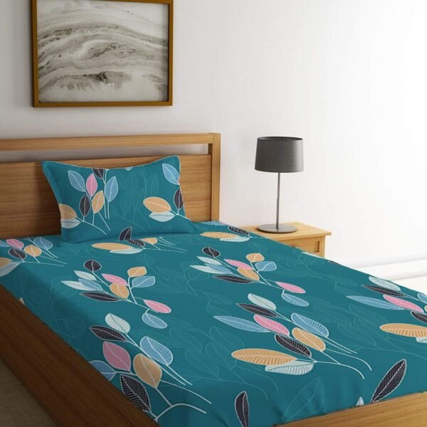 LOOMLYFE 300 TC Cotton Feel Glace Elastic Fitted Printed Single Bed Bedsheet with 1 Pillow Cover Fits Upto 6 Inches Mattress,Size- 42X75X8 Inches, Green Leaves