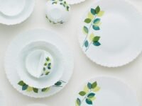 Larah by Borosil Green Leaves Silk Series Opalware Dinner Set | 35 Pieces for Family of 6 | Microwave & Dishwasher Safe | Bone-Ash Free | Crockery Set for Dining & Gifting | Plates & Bowls | White