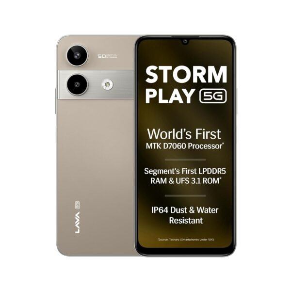 Lava Storm Play 5G (Dune Titanium, 8+8*GB RAM, 256 GB Storage)|India's First MT D7060 Processor with 525k Antutu |50 MP AI Camera | 6.75" HD+ Display| 5000 mAh Battery |IP64 Dust & Water Proof