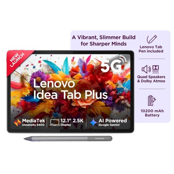 Lenovo Idea Tab Plus with Pen |Wifi +5G |12.1" 2.5K Display, 800nits Peak Brightness |8GB RAM + 256GB ROM (Expandable upto 2TB)| MediaTek Dimensity 6400| 10200mAh|4 Speakers with Dolby Atmos|Luna Grey