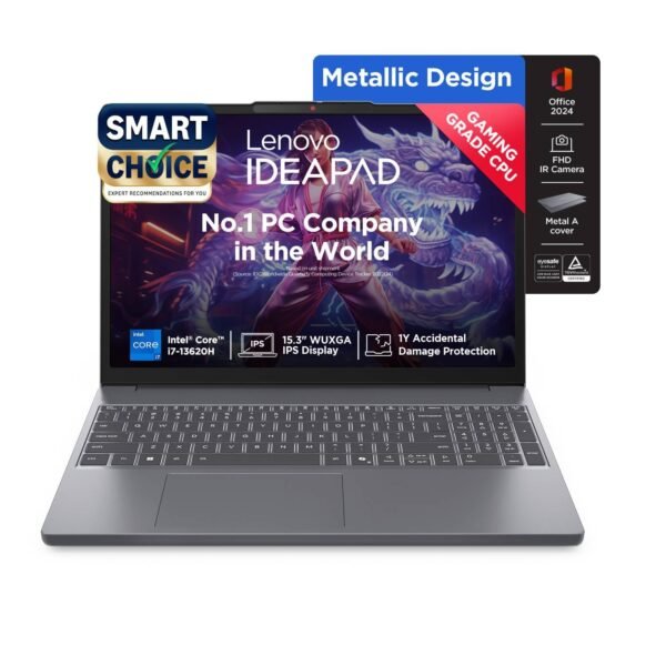 Lenovo Smartchoice Ideapad Slim 3, 13th Gen Intel Core i7 13620H, 16GB RAM, 512GB SSD, WUXGA IPS, 15.3"/38.8cm, Win 11, Office 2024, Top Metal Cover Grey, 1.6Kg, 83K100CJIN/S1IN, Backlit KB, Laptop