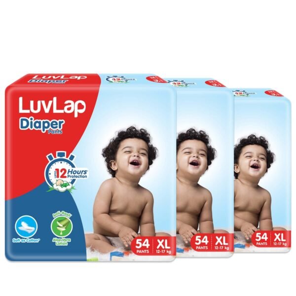 LuvLap Pant Style Baby Diapers, Extra Large (XL) For babies of 12 to 17Kg, 162 Count (54x3), with Aloe Vera Lotion for rash protection, with upto 12hr protection, Diapers, (54 Count, Pack of 3)