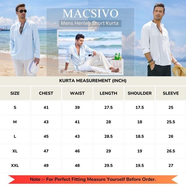 Macsivo Cotton Blend Solid Casual Short Kurta for Men Long Sleeve Mandarin Collar Stylish Shirt Kurta for Men