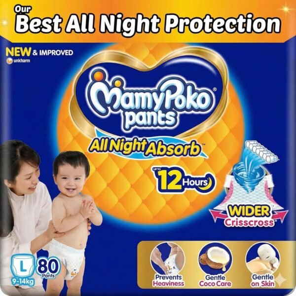 Mamypoko pants All night absorb| Pant Style Baby Diapers Large Size(L), 80 Count, Ideal for 9-14Kgs|1 Diaper= Upto All night Absorption|Wider Crisscross Sheet|Gentle Coco Care| 12hr Leakage Protection| Prevents Heaviness.