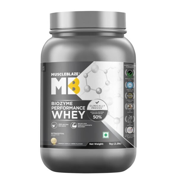 MuscleBlaze Biozyme Performance Whey Protein Powder, French Vanilla Creme (1kg / 2.2lbs) | 25g Protein Per Scoop | Clinically Tested 50% Higher Protein Absorption