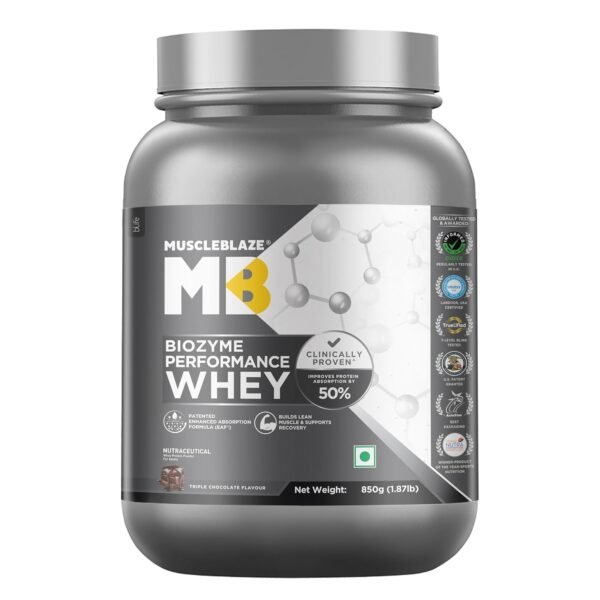 MuscleBlaze Biozyme Performance Whey Protein Powder, Triple Chocolate (850g / 1.8lbs) | 25g Protein Per Scoop | Clinically Tested 50% Higher Protein Absorption