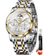 OLEVS Chronograph Watches for Men Original Analog Quartz Black Stainless Steel Chain Luxury Dual Time Zone Moon Phase Date Waterproof Men's Wrist Watch