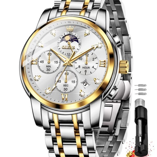 OLEVS Chronograph Watches for Men Original Analog Quartz Black Stainless Steel Chain Luxury Dual Time Zone Moon Phase Date Waterproof Men's Wrist Watch