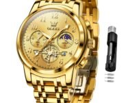 OLEVS Men's Business Watch Gold Blue with Large Easy-Read Analog Quartz Date Display Luxury Stainless Steel Band Waterproof Luminous Hands