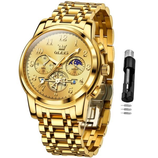 OLEVS Men's Business Watch Gold Blue with Large Easy-Read Analog Quartz Date Display Luxury Stainless Steel Band Waterproof Luminous Hands