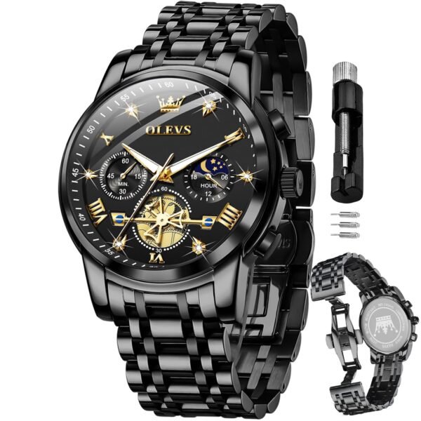 OLEVS Mens Chronograph Watch Gold Silver Stainless Steel Chain Quartz Wrist Watches Business Dress Waterproof Luminous Date Watch