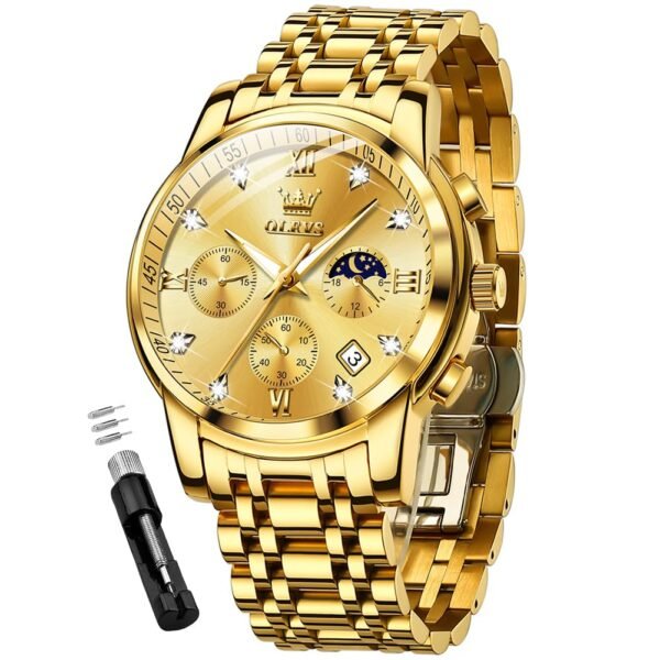 OLEVS Mens Watches Chronograph Diamond Quartz Date Calendar Moon Phase Luxury Two Tone Stainless Steel Waterproof Luminous Business Wrist Watch