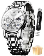 OLEVS Watch for Man Analog Quartz Skeleton Chronograph Diamond Watches Stainless Steel Moon Phase Calendar Waterproof Dress Watches