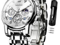 OLEVS Watch for Man Analog Quartz Skeleton Chronograph Diamond Watches Stainless Steel Moon Phase Calendar Waterproof Dress Watches