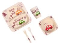 POLKA TOTS Eco Friendly Bamboo Fiber Dinner Set, 5 Pcs Tableware Crockery Set for Weaning Toddler & Self Feeding Baby Utensil Set for Baby Kids (Car)