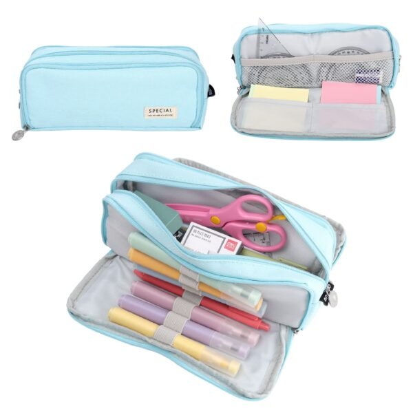 Pencil Case, Cute Pen Pencil Case with Double Zippers Closure Stationery Supplies Pen Pencil Pouch with Compartments for Middle High School Student Kids Boy Girl Teen Adult Blue