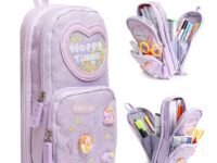 Pencil Pouch Case Box for School Kids Girls Boy Large Capacity Multifunctional Pouch for School Kids Aesthetic, Cute Stationary Gift 6 Layer with 3 Compartment - Purple