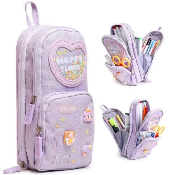 Pencil Pouch Case Box for School Kids Girls Boy Large Capacity Multifunctional Pouch for School Kids Aesthetic, Cute Stationary Gift 6 Layer with 3 Compartment - Purple