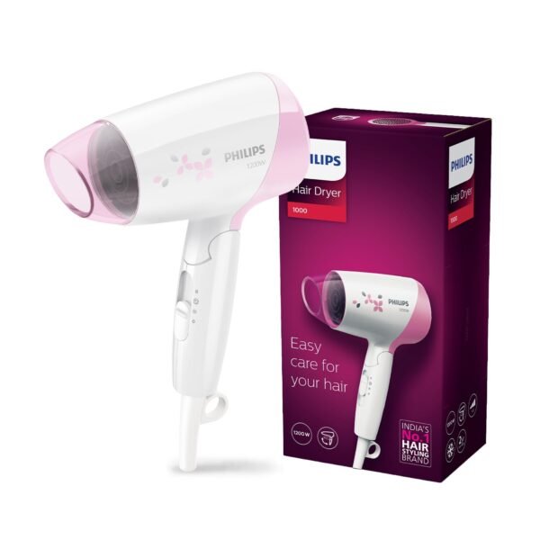 Philips India's No.1 Hair Styling Brand - Foldable Hair Dryer 1200W,Fast Blow Dry, 2 Heat Settings, ThermoProtect Tech, Travel-Friendly, Quick Dry, Frizz Control,For Indian Hair,HP8120/00 Pink,White