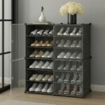 Plastic Shoes Rack for Home, 6-Door 12-Shelf Portable Shoes Rack with Dustproof Door for Heels/Slippers/Boots, DIY Multi-Purpose Shoe Organizer, GREY (GREY, 4-DOOR 12-SHELF)