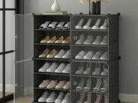 Plastic Shoes Rack for Home, 6-Door 12-Shelf Portable Shoes Rack with Dustproof Door for Heels/Slippers/Boots, DIY Multi-Purpose Shoe Organizer, GREY (GREY, 4-DOOR 12-SHELF)