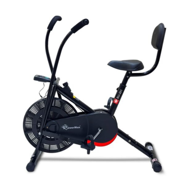 PowerMax Fitness BU-201 Dual Action Air Bike/Exercise Bike for Home |Gym Cycle for Workout With Adjustable Cushioned Seat | Non-Slip Pedals | Moving Handles Black Gym Bike, Max user weight 120 KG