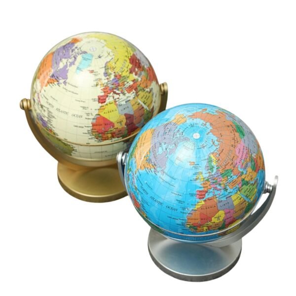 Premium 4-Inch Rotating Glass Globe with Metallic Stand, Educational Desktop World Map for Home and Office Decor, 20cm Height (Blue/Gold).