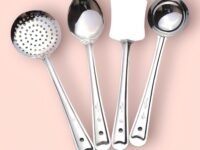Premium Kitchen Tools Stainless Steel Heavy Gauge 4 Piece Set of Ladle (Karchhi), Skimmer (Jhara), Solid Spoon (Chamcha) and Slotted Turner/Spatula (Palta) for Cooking/Frying/Stirring/Basting