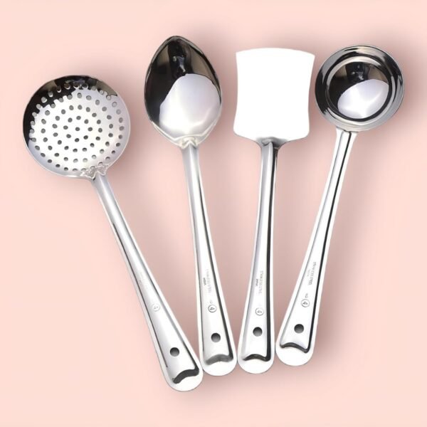 Premium Kitchen Tools Stainless Steel Heavy Gauge 4 Piece Set of Ladle (Karchhi), Skimmer (Jhara), Solid Spoon (Chamcha) and Slotted Turner/Spatula (Palta) for Cooking/Frying/Stirring/Basting