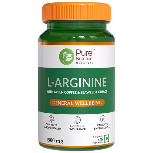 Pure Nutrition L-Arginine 1500mg - 60 Veg Capsules | with Green Coffee, Seaweed & Beetroot Extract | Boosts Muscle Growth, Stamina, Heart Health & Blood Circulation | Energy & Endurance Supplement for Men & Women