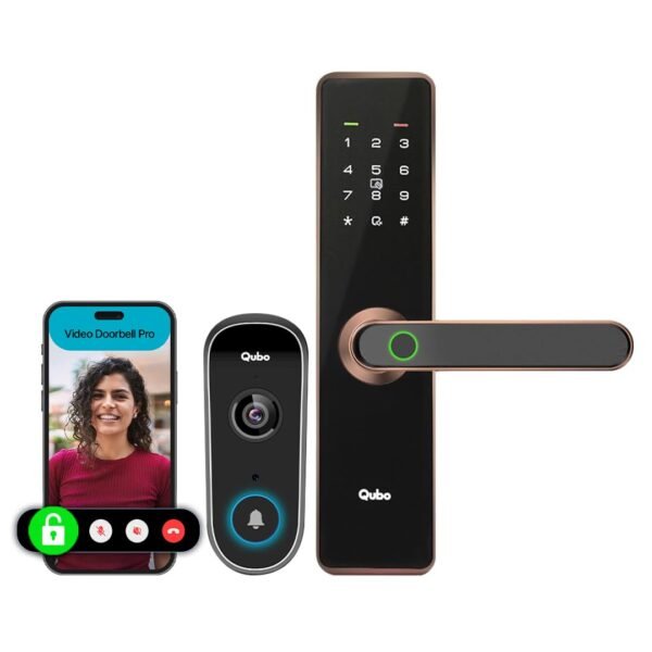 Qubo Smart Door Lock Essential with Video Doorbell Connect & Remote Unlock | India’s First AI Entrance Solution | AI Person & Motion Detection | One App Control | Fingerprint & Passcode [Copper]