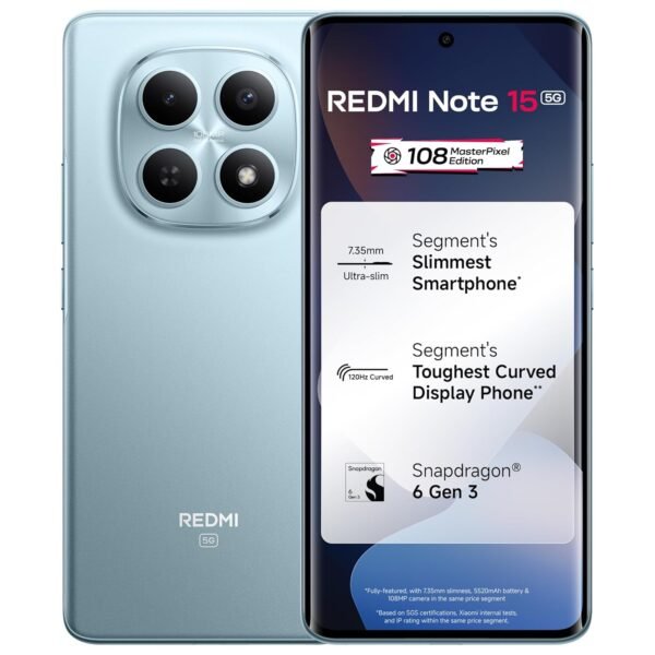 REDMI Note 15 5G (Glacier Blue, 8GB RAM 256GB Storage) | 108MP OIS Camera | Snapdragon 6 Gen 3 | 17.2cm Tough Curved AMOLED Screen | Segment’s Slimmest Phone | 5520mAh Si/C Battery | 45W Fast Charging