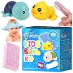 RVEE Kids Bath Kit 5 in 1 Baby Shower Gift Set - Bath Toys - Bath Sponge - Shampoo caps - Pack of 5 Different Essential Bathroom Products Accessories for Kids/Babies(0-5 Year Old) (5 in1 Bath Kit)