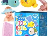 RVEE Kids Bath Kit 5 in 1 Baby Shower Gift Set - Bath Toys - Bath Sponge - Shampoo caps - Pack of 5 Different Essential Bathroom Products Accessories for Kids/Babies(0-5 Year Old) (5 in1 Bath Kit)