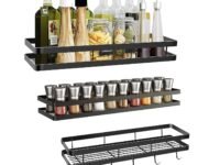 SET of 3 Metal Spice Rack Organiser Wall Mounted, Hanging Seasoning Spice Rack Shelf Holder, Storage for Kitchen Cabinet Color Black (17x5 three piece, Hanging Shelves)