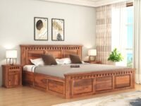 SONA ART & CRAFTS Kuber Solid Sheesham Wood King Size Bed with Storage Box + 2 Side Tables, Wooden King Size Cot Double Bed with Box & 2 Bedside Tables for Home - Teak Finish (Assembly Included)