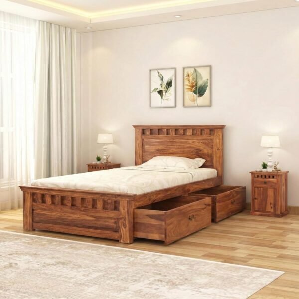 SONA ART & CRAFTS Kuber Solid Sheesham Wood Single Bed (78x36) Furniture with Two Drawer Storage for Bedroom Solid Wood Bed Single Size Palang Wooden Cot Hostel Bed Living Room (Natural Finish)