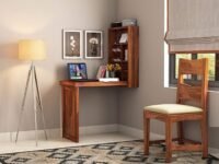 Satyam sheesham Wooden Foldable Writing Study Table for Adults & Students | Wall Mounted Folding Study Desk with Shelf Storage for Home & Office