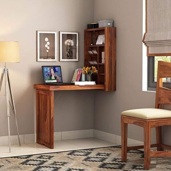 Satyam sheesham Wooden Foldable Writing Study Table for Adults & Students | Wall Mounted Folding Study Desk with Shelf Storage for Home & Office
