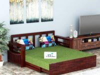 Sheesham Wood 3 Seater Sofa Cum Bed with Storage Side Pockets for Living Room | Three Seater Sofa Com Bed | Wooden Sofa Bed for Home | 3-Person Sofa | Brick Design, Honey & Green