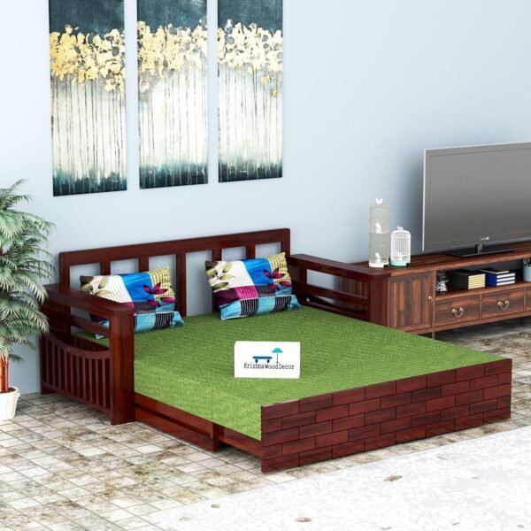 Sheesham Wood 3 Seater Sofa Cum Bed with Storage Side Pockets for Living Room | Three Seater Sofa Com Bed | Wooden Sofa Bed for Home | 3-Person Sofa | Brick Design, Honey & Green