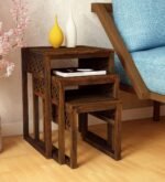 Sheesham Wood Carving Nesting Tables Set of 3 Stools for Living Room Home Wooden Nightstand End Table Stand for Bedroom Hotels - Honey 1812