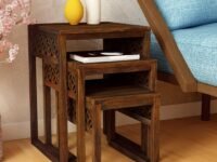 Sheesham Wood Carving Nesting Tables Set of 3 Stools for Living Room Home Wooden Nightstand End Table Stand for Bedroom Hotels - Honey 1812