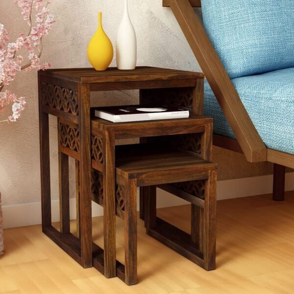 Sheesham Wood Carving Nesting Tables Set of 3 Stools for Living Room Home Wooden Nightstand End Table Stand for Bedroom Hotels - Honey 1812